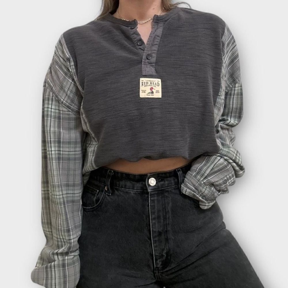 Reworked Upcycled Henley Redhead Gray Long Sleeved Flannel Shirt